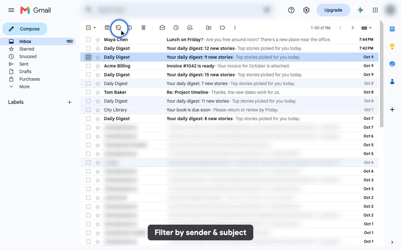 Gmail with the filter button highlighted