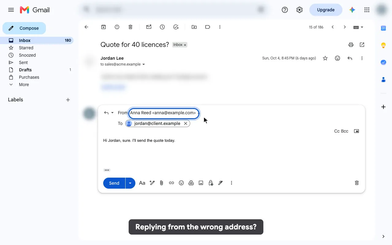 Gmail Sender Guard warning before a send