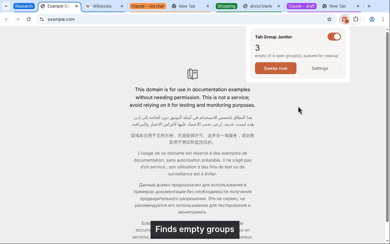Tab Group Janitor showing empty groups queued for cleanup